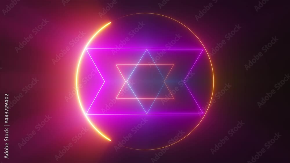 Poster esoteric 3d render triangle with glowing lines and star david. occult bright geometric pentacle that