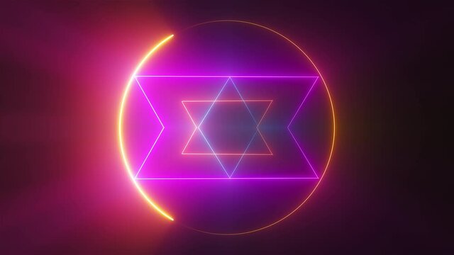 Esoteric 3d render triangle with glowing lines and star david. Occult bright geometric pentacle that ignites in mystical witchcraft fire. Polygonal alchemical talisman with pagan symbols.