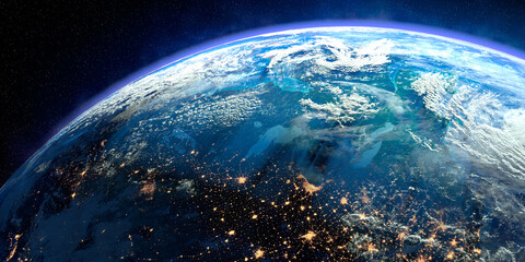 Obraz premium Planet Earth with exaggerated precise relief and volumetric atmosphere. Day-night transition. Canada and the northeastern United States. 3D rendering. Elements of this image furnished by NASA