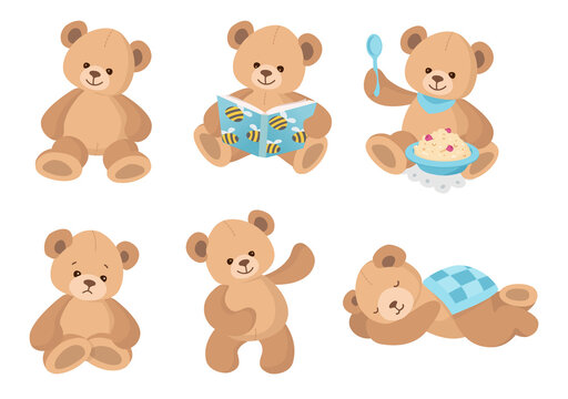 Naklejki Set of 6 Teddy Bear. Kids types activity. Cute Teddy collection. Vector