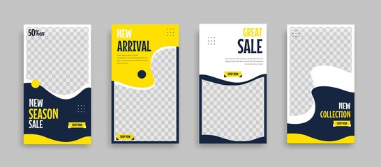 Set of Editable minimal square banner template. Blue yellow white background color with geometric shapes for social media post, story and web internet ads. Vector illustration