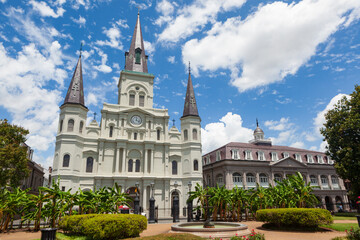 St. Louis Cathedral, as seen from Jackson Square, New Orleans, Louisiana, USA.