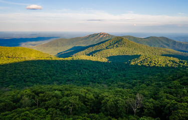 Scenic aerial overview of Shenandoah mountains and hills from above