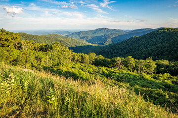 Scenic overlook of Shenandoah blue ridge mountains and hills