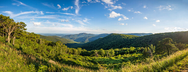 Wide panoramic overview of Shenandoah mountains and hills from above