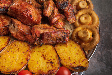 BBQ meat and vegetables. BBQ meat. Grilled meat and vegetables.