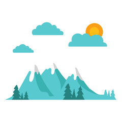 Simple Mountain with cloud, sun and trees illustration, Vector Landscape flat design