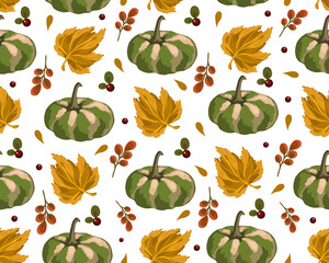 seamless pattern with pumpkins, berries, leaves, bright autumn background with vegetables, vector graphics