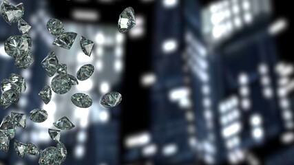 Shiny Diamonds falling on black-blue lighting under space ship background. 3D illustration. 3D CG. High resolution. © DRN Studio