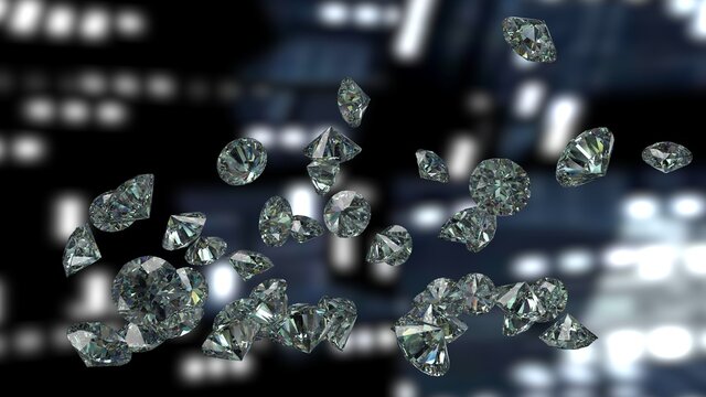 Shiny Diamonds falling on black-blue lighting under space ship background. 3D illustration. 3D CG. High resolution.