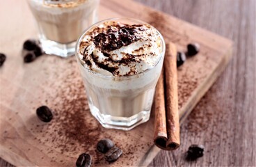 closeup coffee with chocolate and cinnamon drink with milk