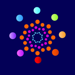 Abstract logo design with colorful circle elements, corporate identity. Fireworks on dark blue background icons with exploding firecrackers, stars. Festivals celebrate and parties.