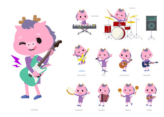 Obraz premium ロックンロールやポップミュージックを演奏する龍の女の子のセット