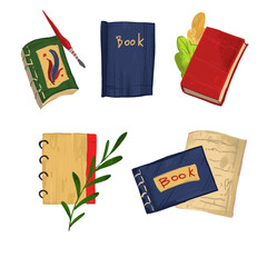 set of books and notebooks