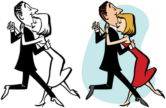 A vintage retro cartoon of a couple performing a slow dance. 