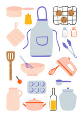 Modern various cute kitchen cooking utensils and baking elements illustration