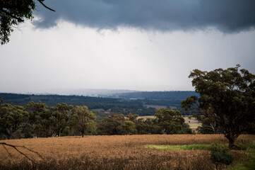 Beautiful autumn colours of the rain clouds over rural paddock in NSW Australia