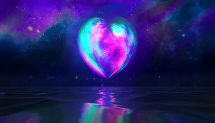 glowing heart shape colored moon texture with galaxy background and realistic sea water reflection