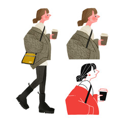 コーヒーカップを持って歩くおしゃれで若い女性全身手描きイラスト
