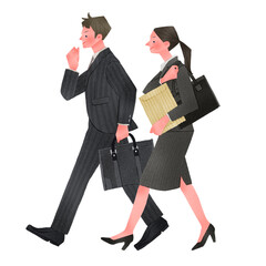 気合を入れて歩く就活生の男性と女性全身手描きイラスト
