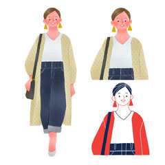 ぽっちゃりでおしゃれなファッションの若い女性人物全身手描きイラスト
