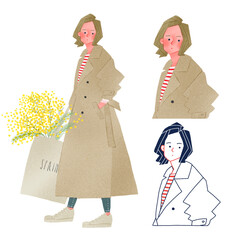 ミモザを持ったおしゃれなトレンチコートファッションの若い女性人物全身手描きイラスト
