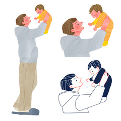 子供をあやすお父さん人物全身手描きイラスト
