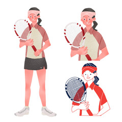 ユニフォームを着てラケットを持つテニス選手の若い女性人物全身手描きイラスト
 - obrazy, fototapety, plakaty