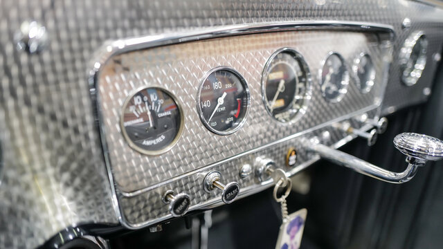 Vintage Car Interior Dash And Instruments And Steering Wheel