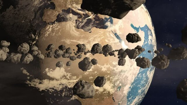 Asteroids in space hitting planet earth