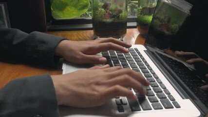 Close up hand of businesswoman typing keyboard on laptop she working online at home, blogger female using computer searching web browsing information at workplace coffee cafe shop - Powered by Adobe