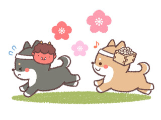 柴犬と黒柴犬の節分と梅の花