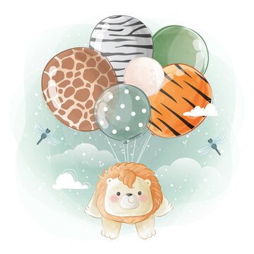 Little Safari Lion Flying with Animal Printed Balloons