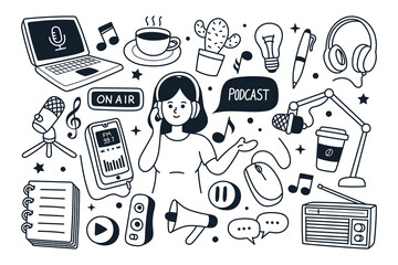 Podcast hand drawn doodle vector illustration