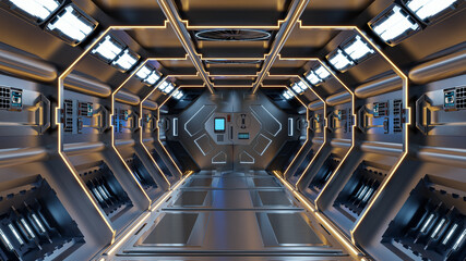 Science background fiction interior rendering sci-fi spaceship corridors yellow light.