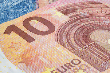Macro close up on the design surface of 10 euro notes. Banknotes of the European Union. Wallpaper...