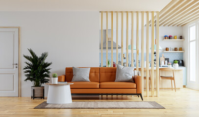Living room interior wall mockup in warm tones with leather sofa which is behind the kitchen. © Vanitjan