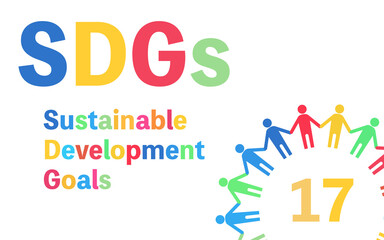 SDGsのカラフルなロゴと手を繋ぐ人々のピクトグラム