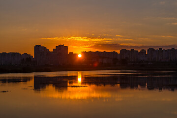 Fototapeta na wymiar Sunrise over Minsk city buildings, Belarus