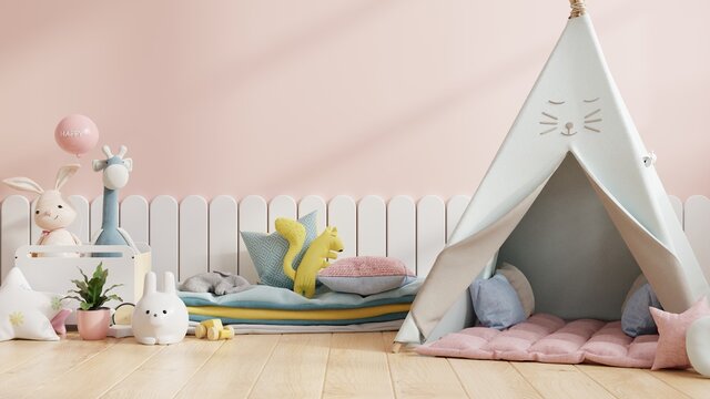 Mock up wall in the children's room with chair in light pink color wall background.