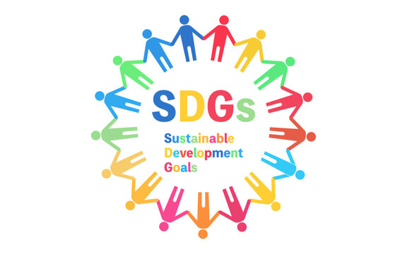 SDGsのロゴイメージ、手を繋ぐ人のピクトグラム（文字あり）