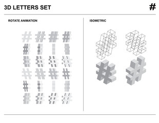 3d Hashtag Alphabet Letters Set Animate Isometric Wireframe Vector