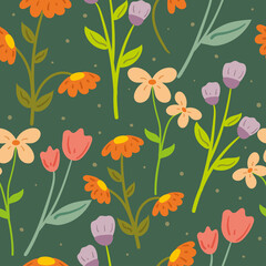 Seamless pattern with cute cartoon flowers and leaves for fabric print, textile, gift wrapping paper. colorful vector for textile, flat style