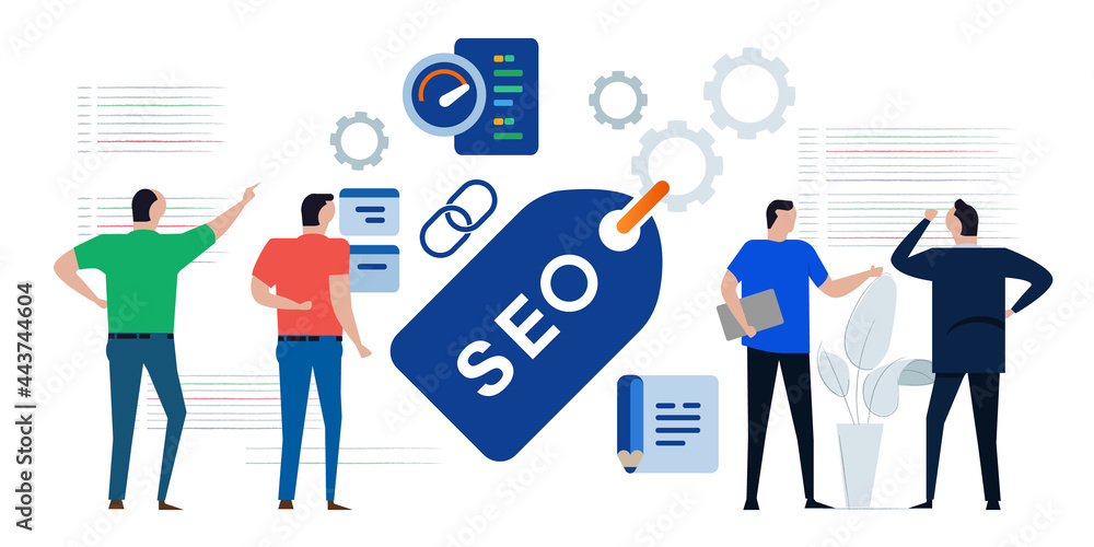 Poster seo search engine optimization marketing page team discussing analyzing performance code