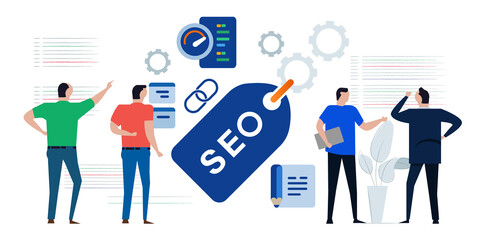 SEO search engine optimization marketing page team discussing analyzing performance code