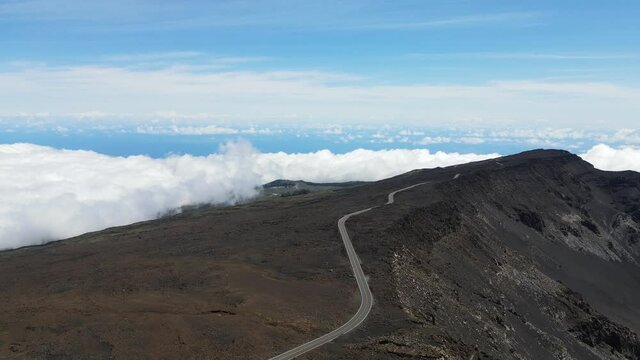 High Altitude Road by Crater on Haleakala Volcano Summit on Maui Island in Hawaii, Aerial