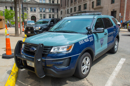 Massachusetts State Police trooper car on Beacon Hill in downtown Boston, Massachusetts MA, USA.