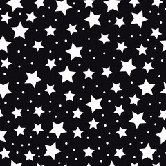 Ditsy star polka dot seamless vector pattern. White stars scattered on black background. Cute, quirky simple, minimal illustration. Night sky, galaxy, outer space design. Repeat backdrop texture print