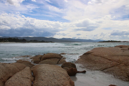 Rocky shoreline near the town of Bicheno, eastern Tasmania, Australia.