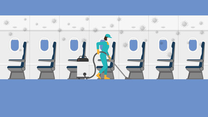 Professional staff cleans in risk area of inside aircraft's cabin. After the spread of the coronavirus covid-19. The pandemic control plan for re-opening airline business after country quarantine. 